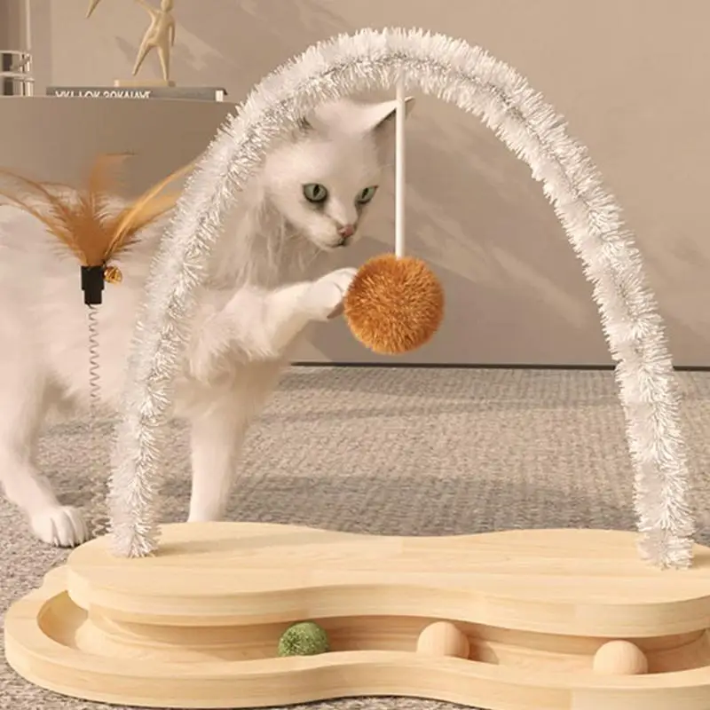 Cat Scratcher Arch Cat Scratcher Toy Wooden With Rotating Turntable Pet Engagement Toy Ball Track Cat Scratching Board For