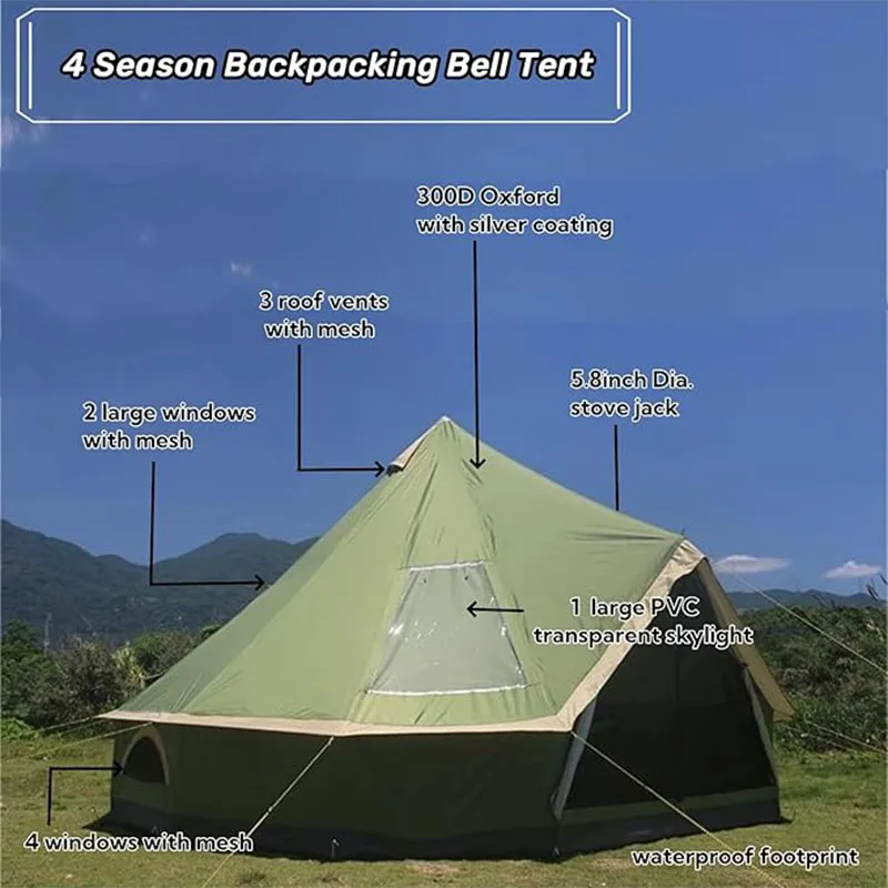 Backpacking Bell Tent with Top Stove Jack for All Year Living, 300D Oxford Waterproof Yurt Tents House for Camping Glamping