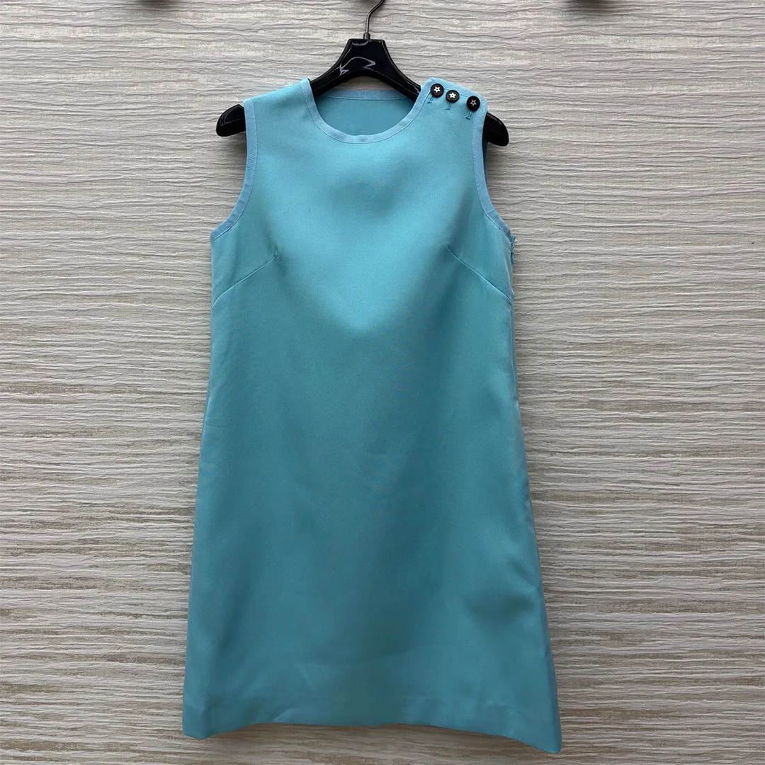 

2025 New Fashion Summer Sweet Girl Tank Dress Women Light Blue O-neck Sleeveless Shoulder Buttons A-line Loose Casual Dresses