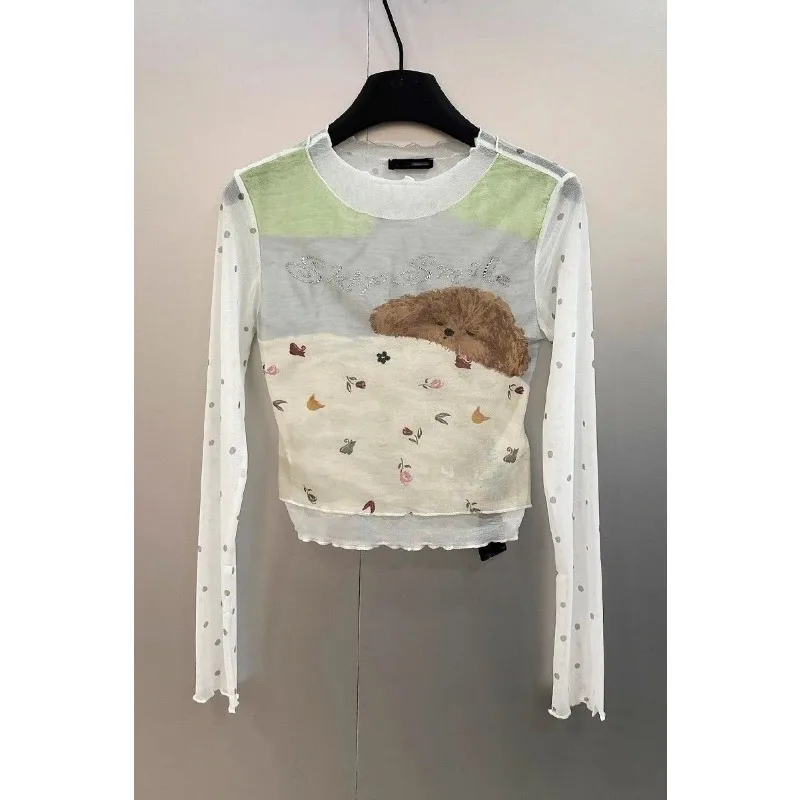 

Women's Cute Dog Print Mesh Long Sleeve T-Shirt Rhinestone Crop Top