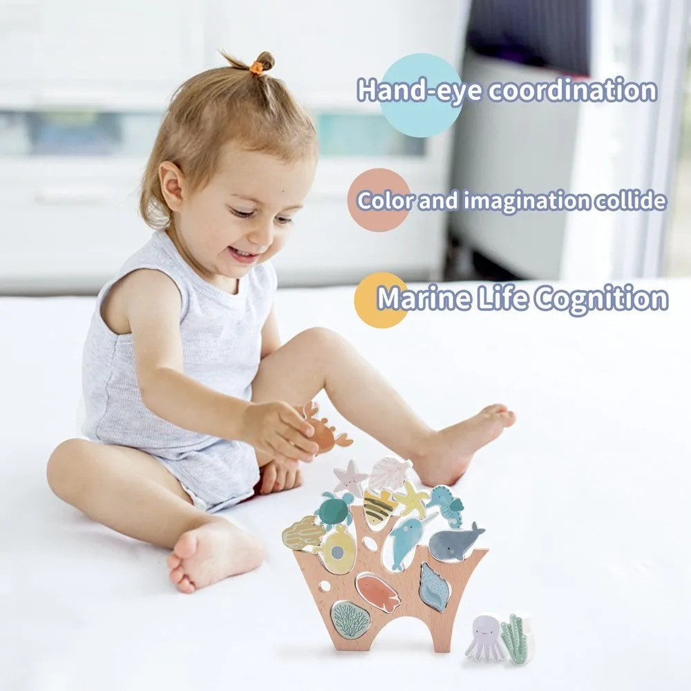 Montessori Toys Wooden Balance Blocks Children Building Blocks Stacking Toys Cartoon Sea Animals Educational Toy Children Gifts