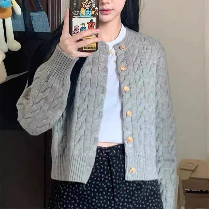 Preppy Style Gray Twist Sweater Cardigan Women Korean Chic Long Sleeve Knitted Cardigans Woman Round Neck Cropped Sweaters Coats