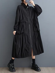 Black Oversized Long Trench Coat For Women Zipper Patchwork Pocket Casual Loose Vintage Outerwear Cardigan Autumn Winter 2024