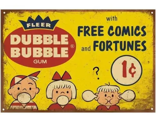 FLEER BUBBLE GUM BASEBALL METAL TIN SIGN  1 CENT WITH FREE FORTUNES AND COMICS sign
