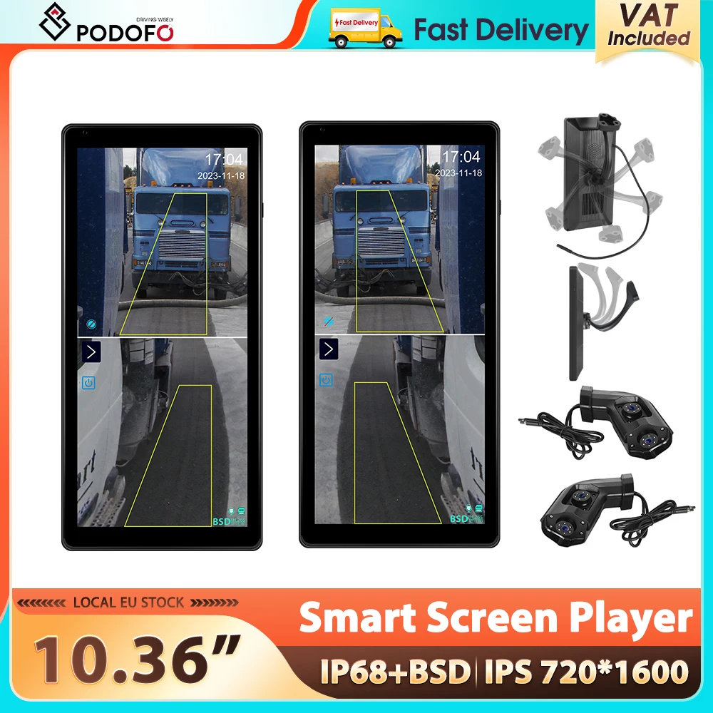 Podofo 10,36'' Smart Screen Player mit BSD-Funktion Vertikaler Bildschirm Auto-Monitor Rückfahrkamera IP68 Wasserdicht Nachtsicht DVR