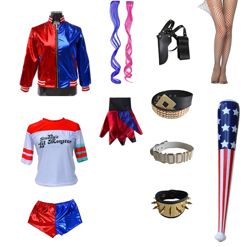 Kinderen Volwassen Suicide Borduren Jas T-shirt Broek Handschoen Cosplay Kostuum Quinns Monster Harlee Clown Halloween Kostuum
