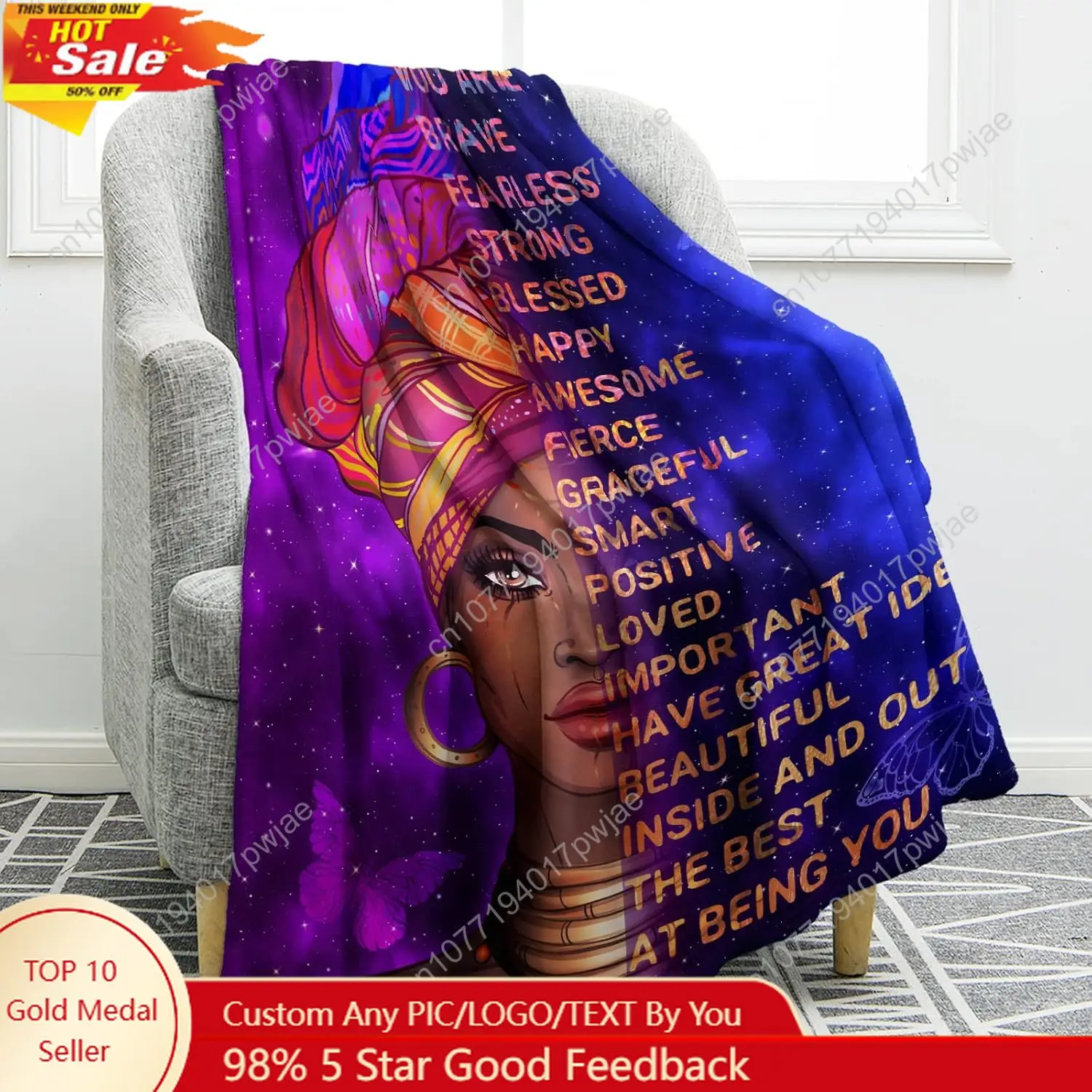 Jekeno African American Black Girl Lady Women Blanket Inspiring Positive Quotes Throw Purple Gifts for Birthday Mother's Day Chr