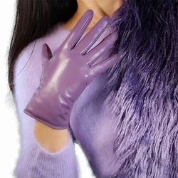 DooWay-guantes cortos de cuero Real para mujer, manoplas largas de piel de cabra importadas púrpuras, Vintage, cálido, para conducir, Noche y Navidad, Invierno