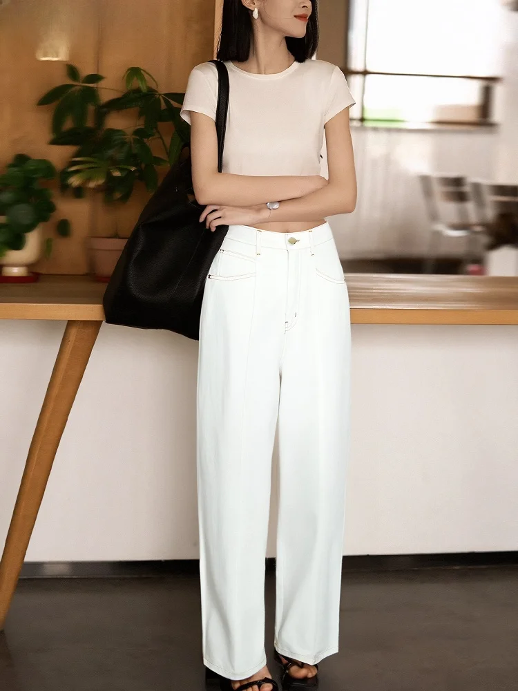 Pantalones Anchos de Verano Chivirin, Cintura Alta, Corte Recto, Textura de Algodón, Color Blanco, Efecto Adelgazante, para Mujer