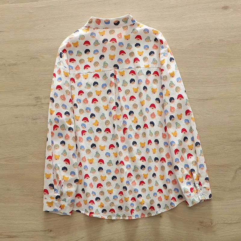 Women\'s Long Sleeve Blouse with Pocket Loose Casual Nice Tops Fresh Style Shirt Cute Cartoon Head Printing New Autumn SY2673