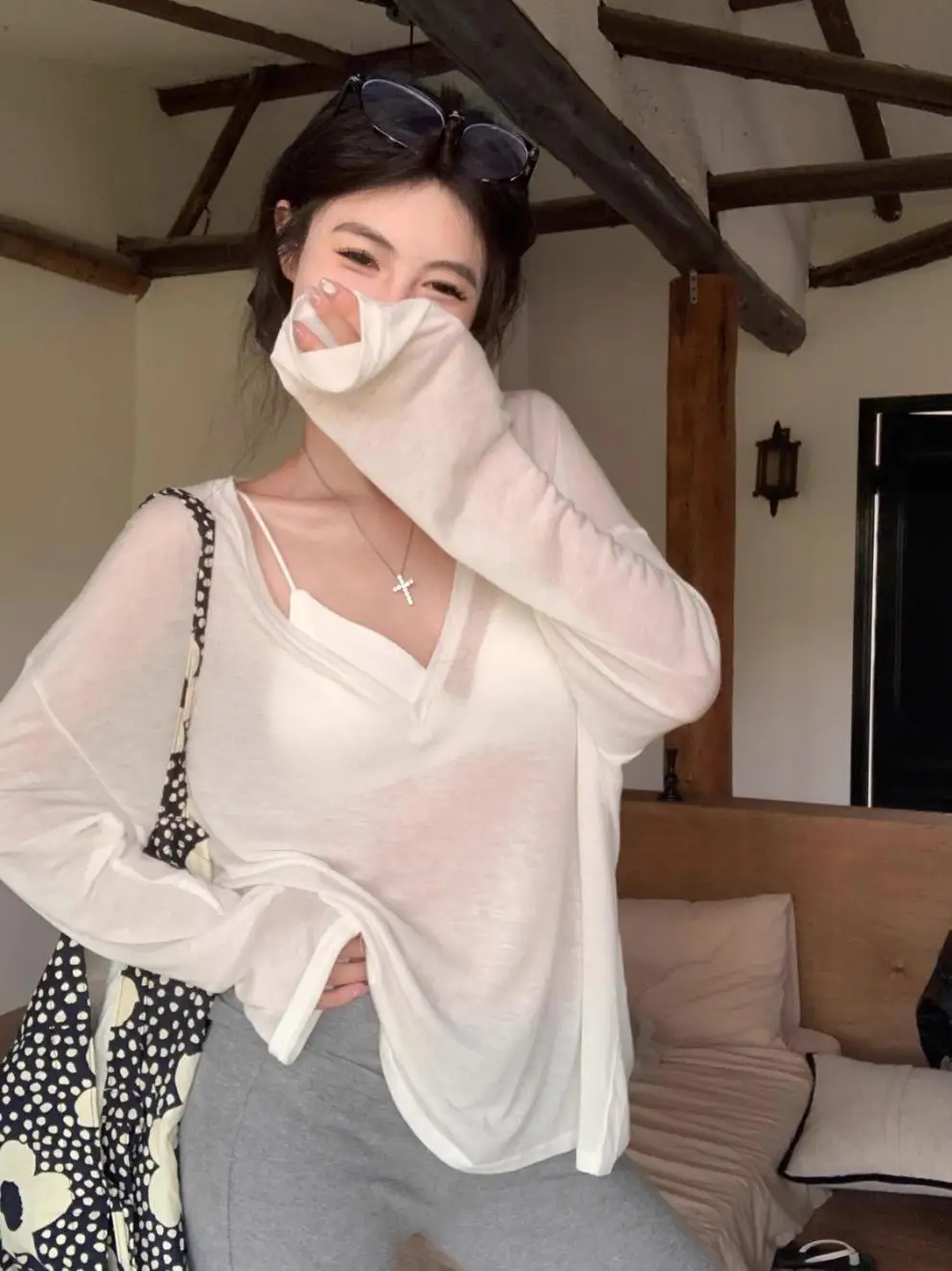 Thin Perspective Long Sleeved T-shirt for Women's Summer Loose Casual Korean Base Sun Protection Cover Up Top for Women