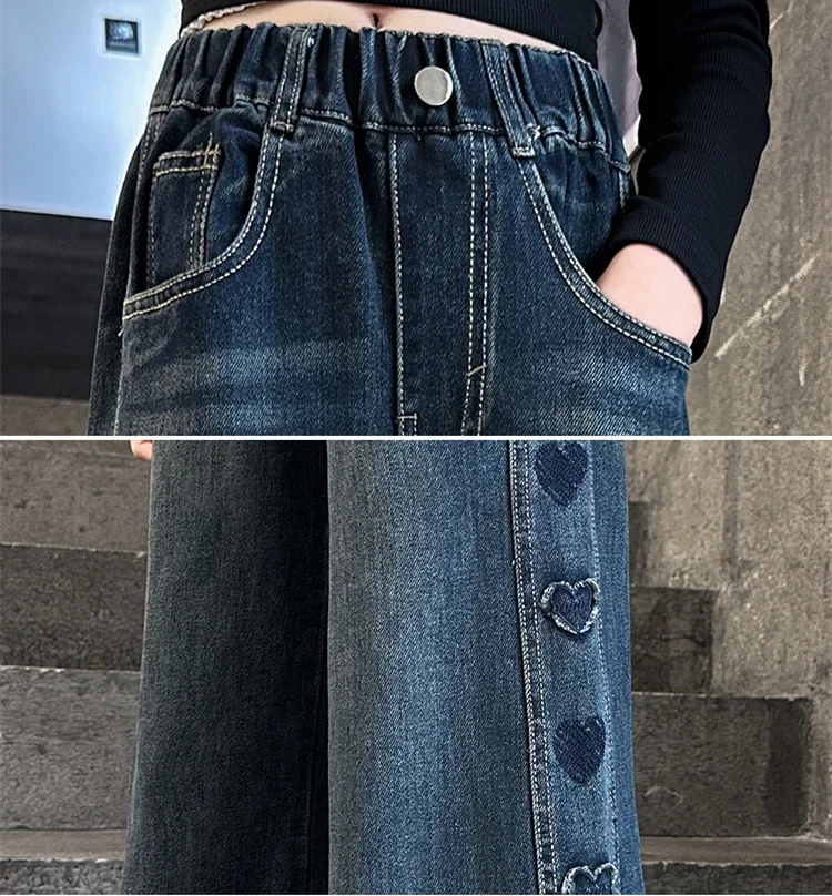 ZOETOPKID Herbst Teenager Mädchen Herz Jeans Mode Retro Weites Bein Gerade Denim Hosen Kinder Casual Streetwear Jeans Hosen – Detail 9