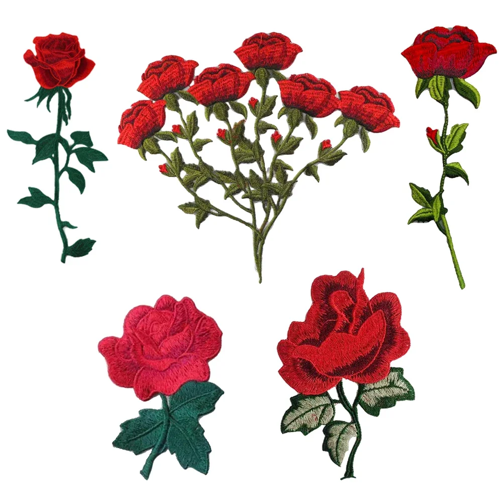 Red Rose Flower Patch Sew on Cloth Badge Embroidered Floral Applique Decorative Patches Scrapbooking Embroidery Iron on Patches