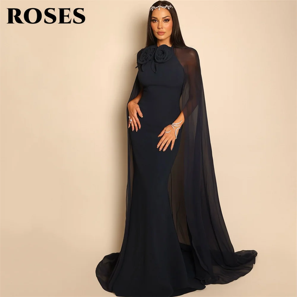 

ROSES Black Gala Dress Mermaid Party Dresses 3D Floral Evening Dress Chiffon Cape Sleeve فساتين السهرة Customized
