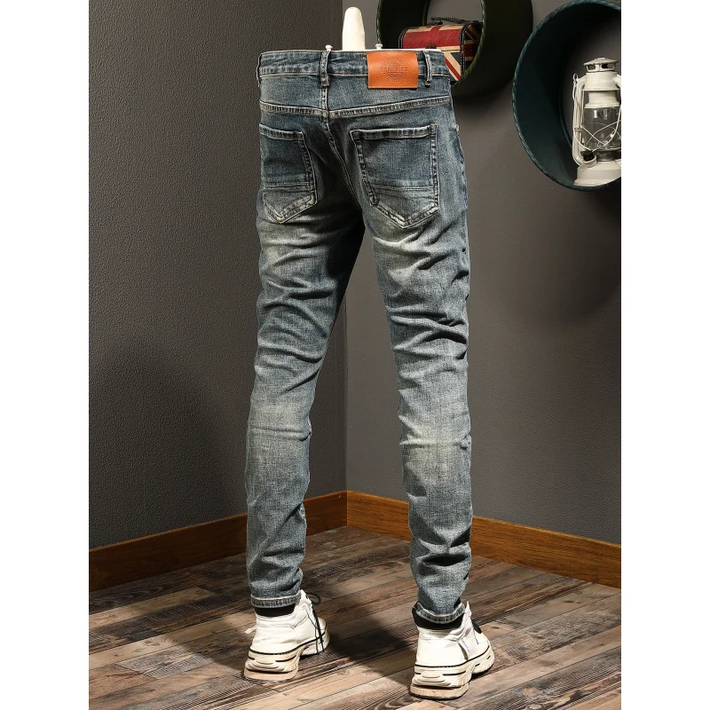 ノスタルジックなレトロジーンズ メンズ ストレッチ おしゃれ ダメージ パッチ スリムフィット 細身 トレンド ブランド ロングパンツ