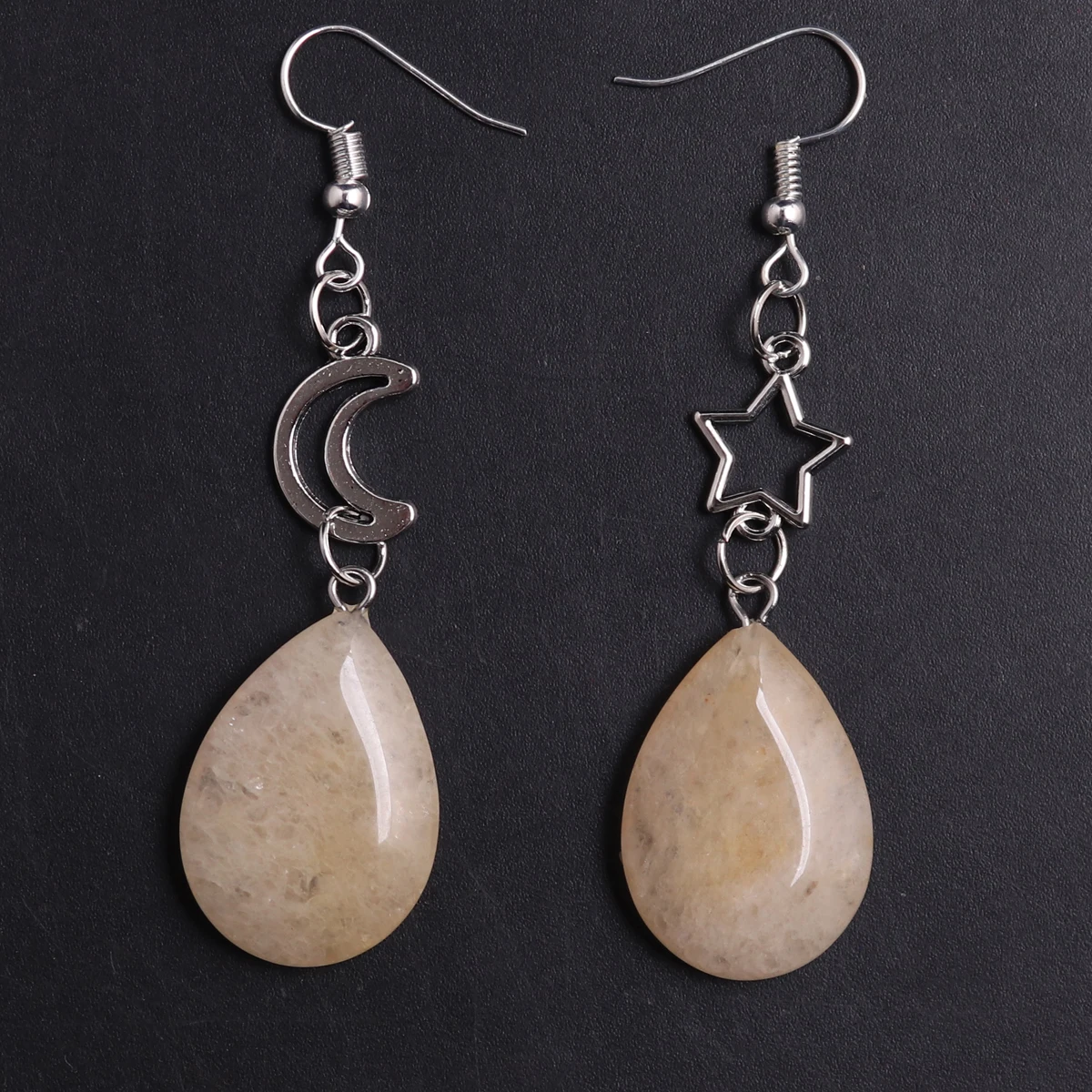 1Pair Bohemia  Dopamine Color Water Drop Natural Crystal Stone Rose Quartz Moon Sun Alloy Long Healing Earrings Jewelry
