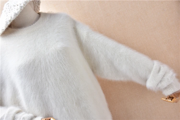 Ladies Women Autumn Winter Clothing Beige Hairy Angora Rabbit Hair Knitted O-Neck Long Sleeves Loose Pullover Sweater Jumper Top