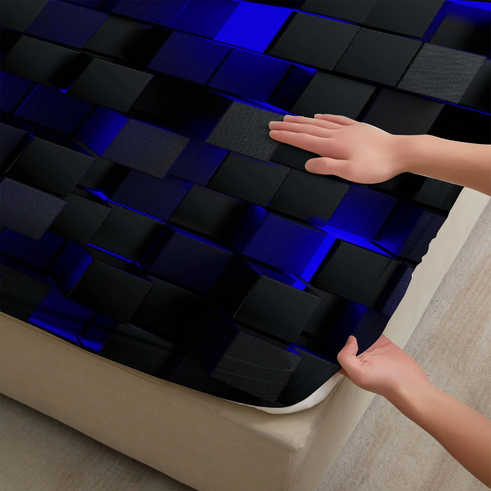 1 Piece 3D Geometric Square Fitted Sheet Black Blue Luminous Cube Texture Soft Microfiber Bedding For Modern Bedroom Decor