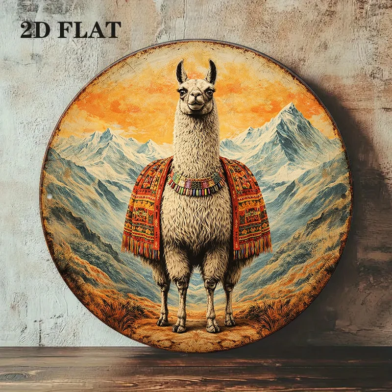 2D Flat - 1pc 8 X 8 Inches/20 X 20 Cm 2D Flat Circular Aluminum Sign, Vintage Aluminum Plaque about Alpaca, Andean Mountain Styl