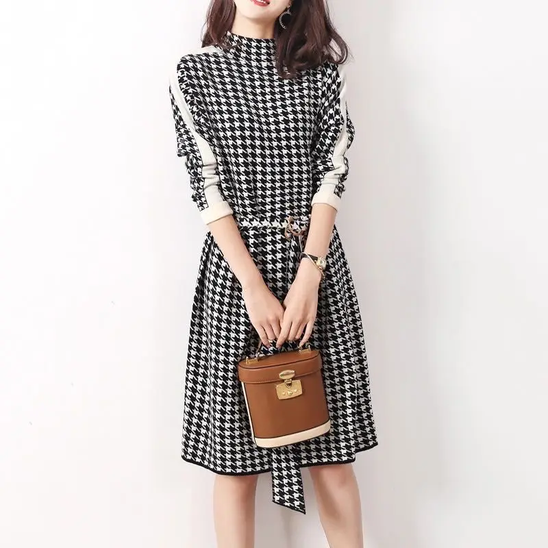 Female Clothing Houndstooth Spliced Dresses Vintage Half High Collar Autumn Winter New Elegant A-Line Sashes Bandage Midi Dress