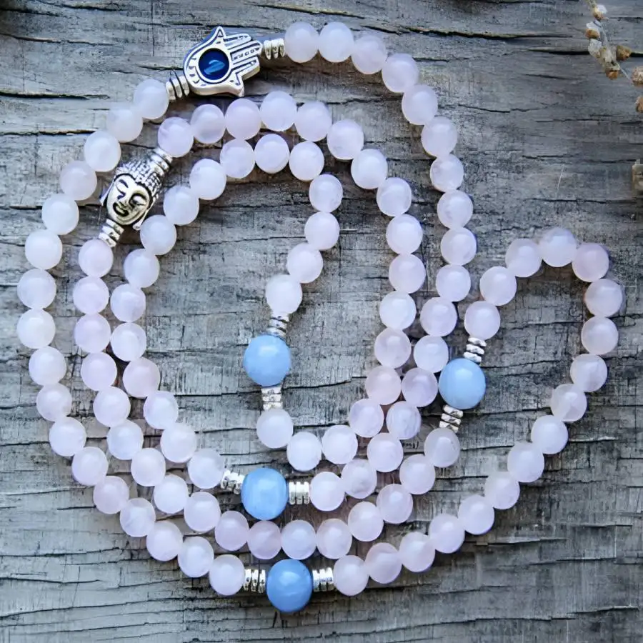 

6mm Rose stone silver Buddha 108 Beads Mala Bracelet Stone tassel elastic Yoga Men's Japa Tibetan Bead Natural stone Prayer