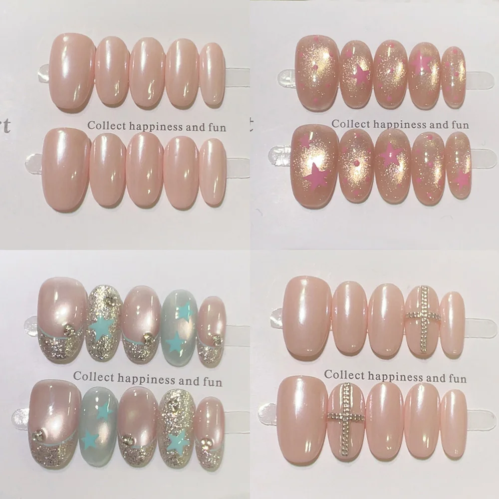 

Korean Style Shining Girlish Style Pink Cat Eye Diamond Ellipse Fake Nail Hand-drawn Stars Dot Pearl Nail Art Gift Accessories