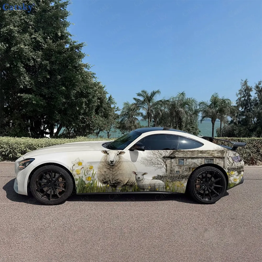 Sheep Whispers In The Flower Field Car Side Wraps, Self-Adhesive PVC Waterproof & Scratch-Resistant Stickers, Car Accessory Gift
