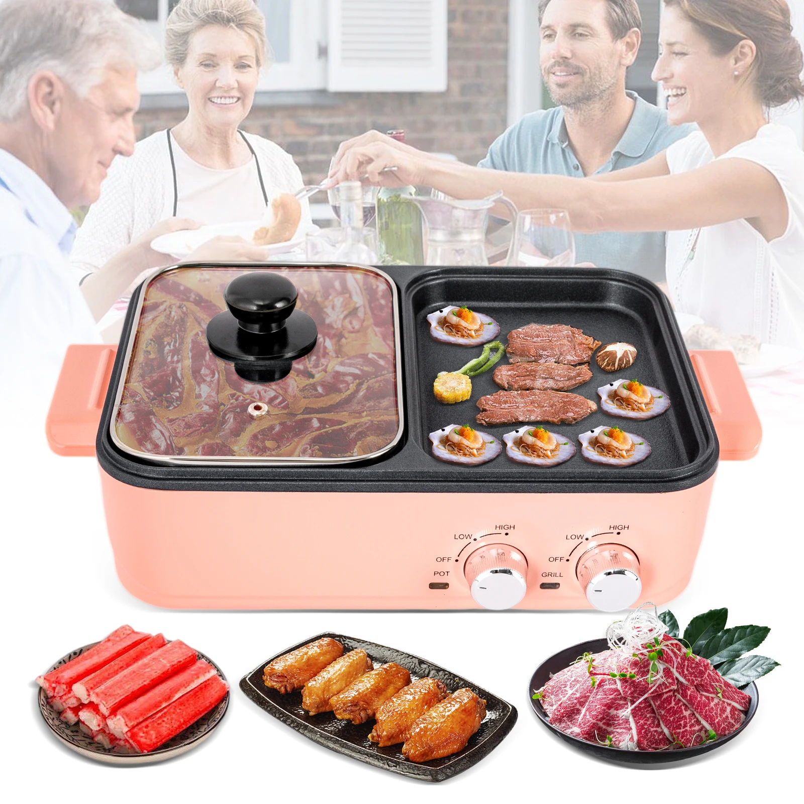 

2-in-1 Electric Hot Pot with Griddle 15.16*10.55*4.92inch Pink Tabletop Vegetable Grill Cooker BBQ Shellfish Pasta Cooking Pot