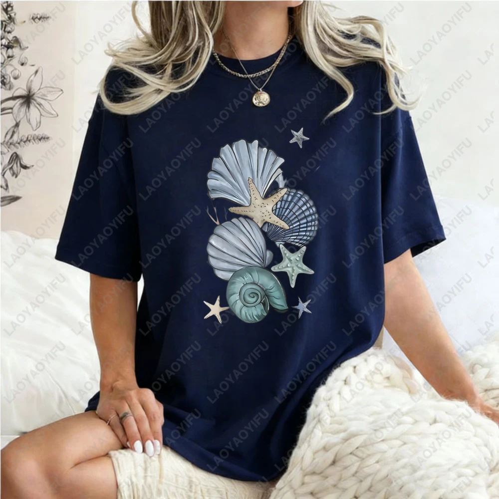 

Seashell Starfish Pattern Casual Summer Unisex Cotton T Shirt Women Men Loose Fit Beach Vibes Trendy Top 2024 Fashion Style