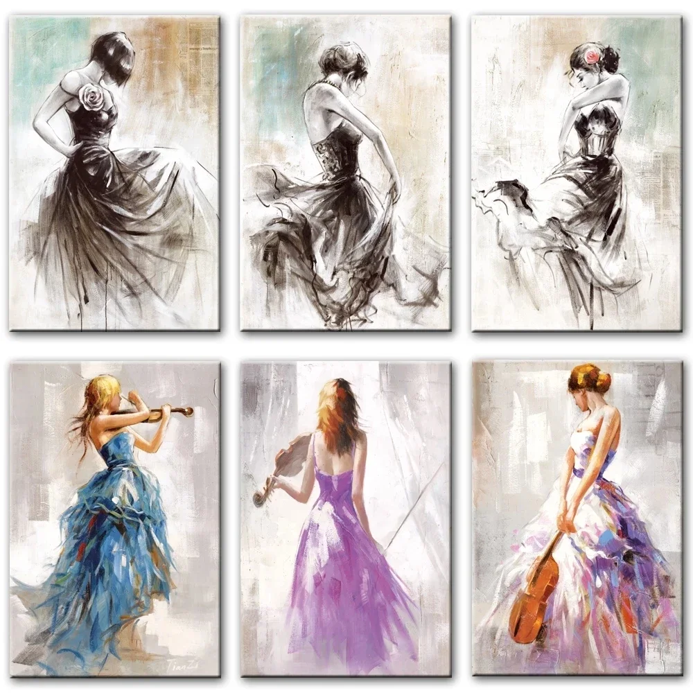 (No frame)Elegant Girl Playing The Violin and Dance Canvas Paintings Ballerina Abstract Wall Art Posters And Prints Pictures