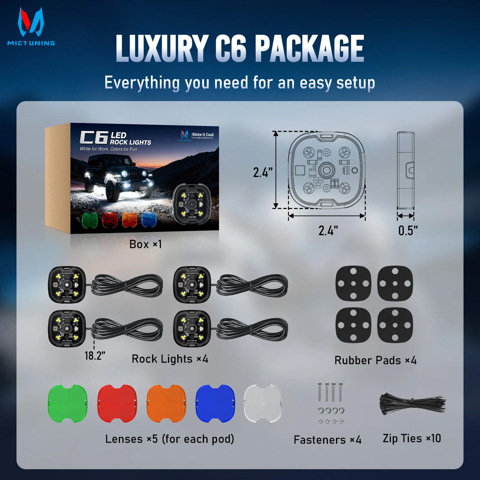 MICTUNING C6 Underbody Rock Light Quad-Light Kit High-Brightness Multi-Functional Off-Road LED Lighting Kit Spotlight/Floodlight