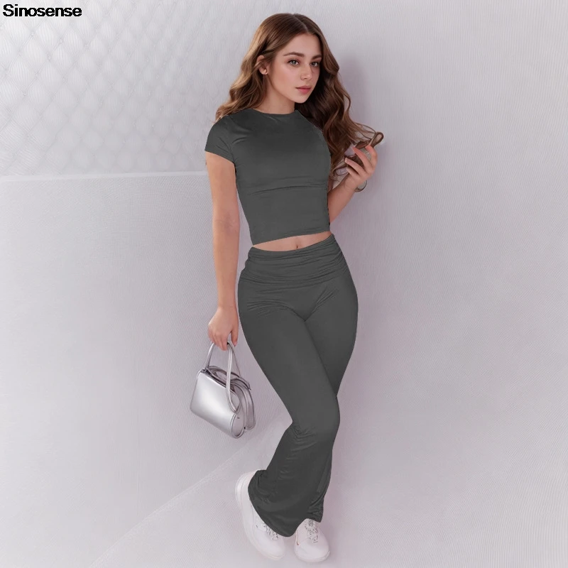 Women\'s 2 Piece Lounge Sets Short Sleeve Crop Top High Waist Foldover Flare Pants Tracksuit Sets Casual Workout Sports Outfits