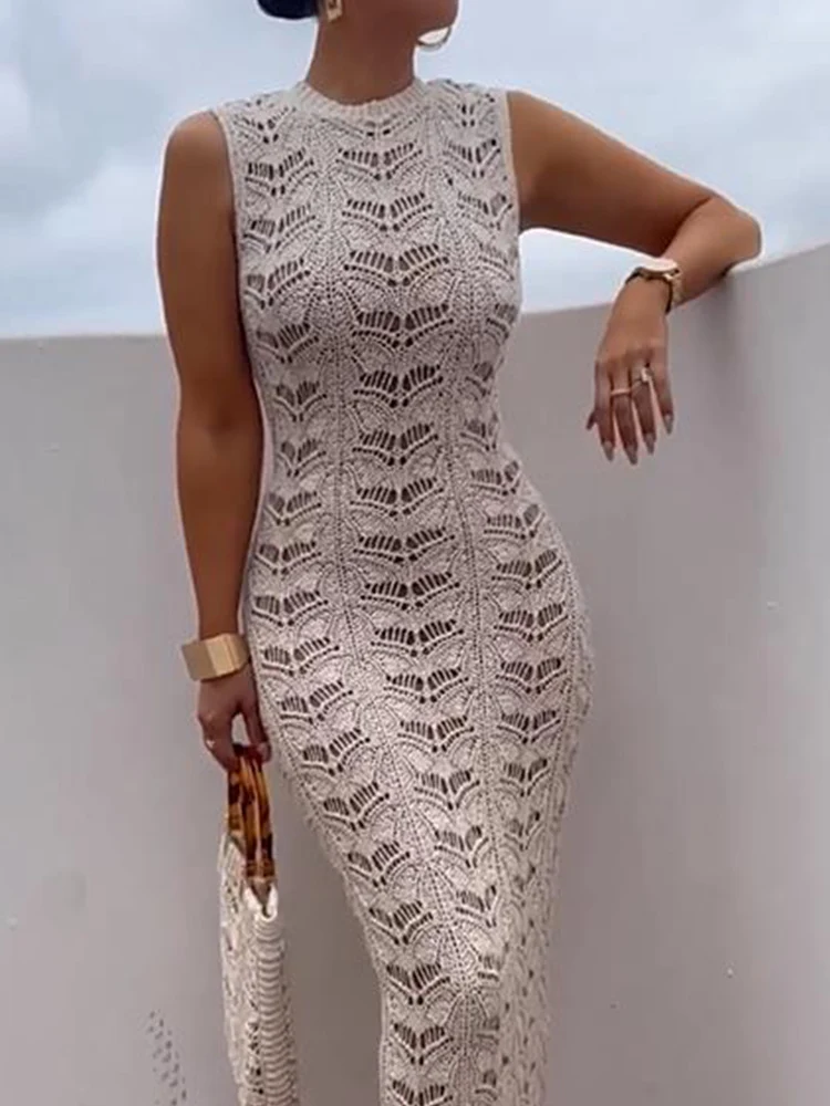 Deioao Summer Knitted O-neck Women Sleeveless Dress Sexy Bodycon Solid Strip Long Dress Fashion Office Dresses For Women 2023