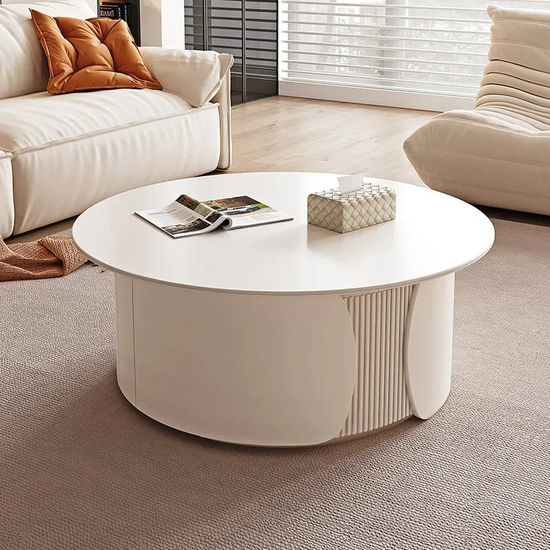 Cream style coffee table combination French light luxury living room household high-end rock slab round kung fu tea table