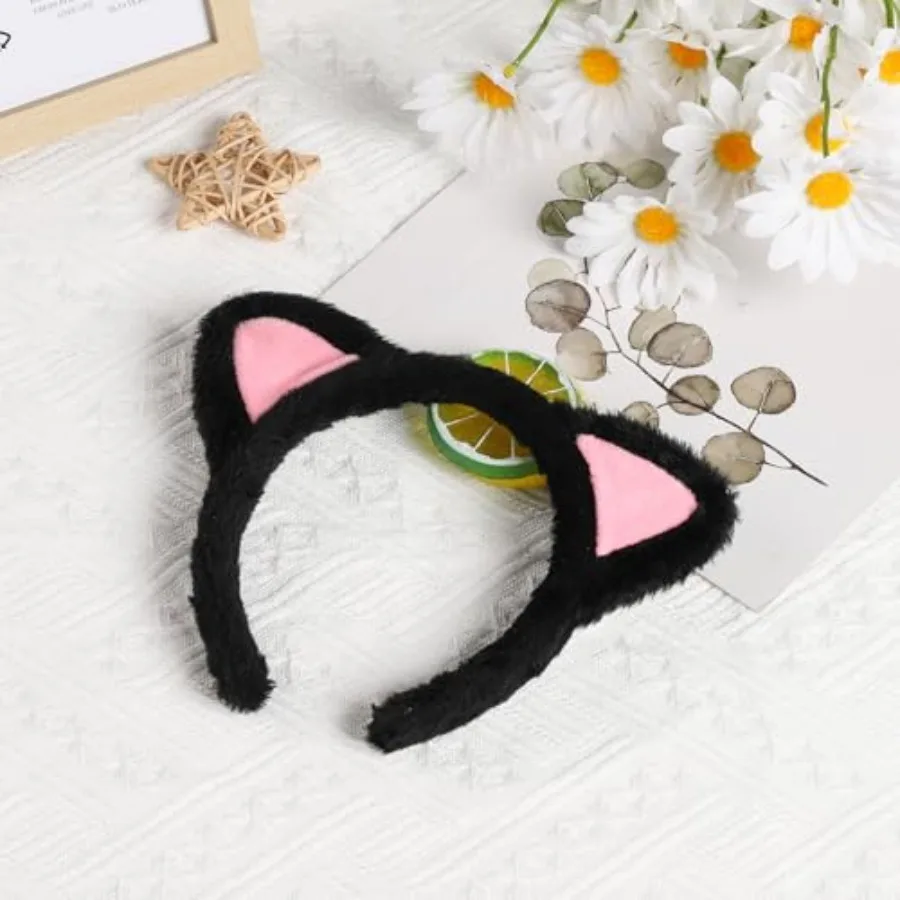Halloween Cat Ear Headbands, Cute Fuzzy Cat Washing Face Makeup Head Band, Plush Soft Hairband, Cosplay, Women Spa Yoga view 3