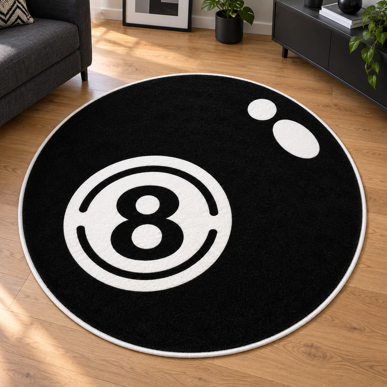 Black Eight Ball Shaped Area Rug, Retro Game Room Floor Mat for Living Room Bedroom Man Cave, Bold Modern Home Decor Gift