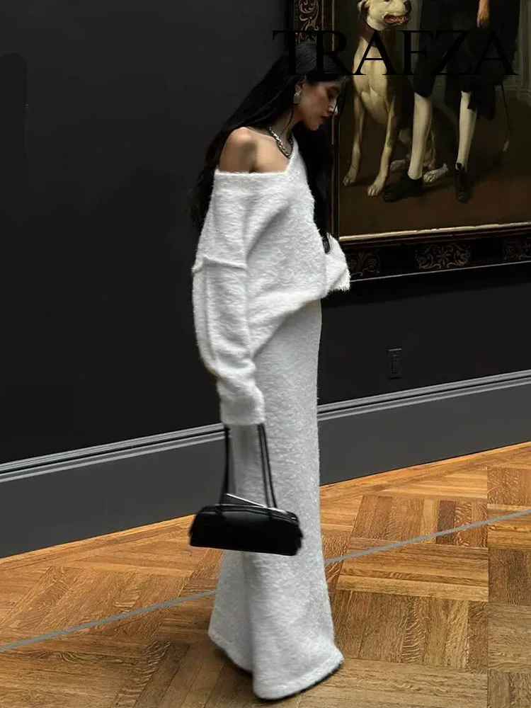 

HH Women Autumn Chic Long Sleeves V-Neck Solid Knitted Pullover Top+New Fashion Elastic Waist Loose Elegant Skirt Set Mujer