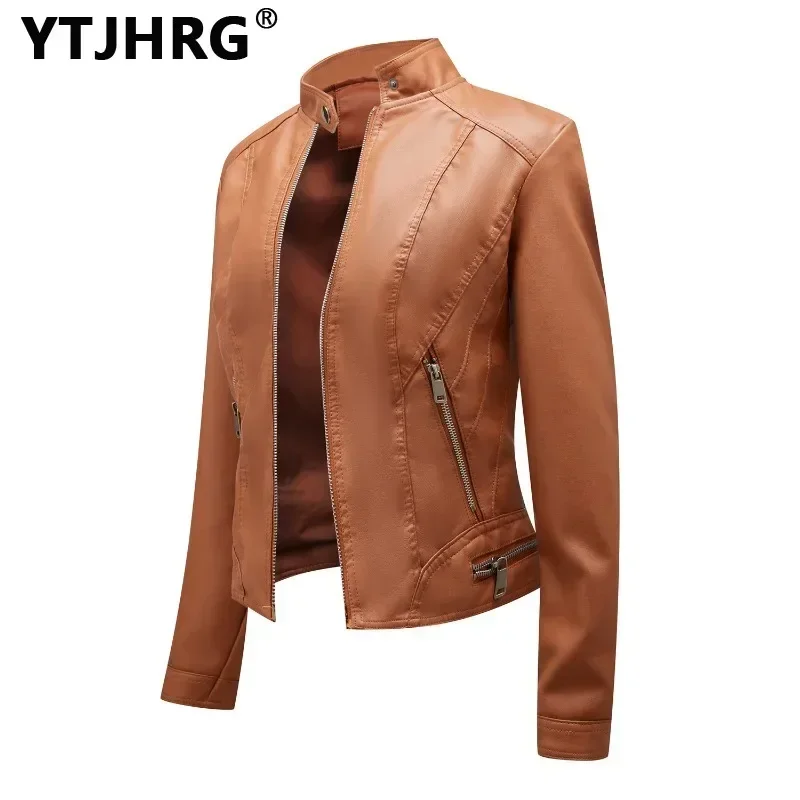 YTJHRG Women\'s Jackets Leather Coats Motor Biker Stand Collar Zipper Female Clothing 2024 New Spring Autumn Winter Long Sleeve