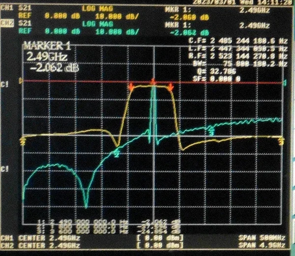 Filtro passa-banda SAW 2492MHz, largura de banda de 1dB 10MHz, interface SMA