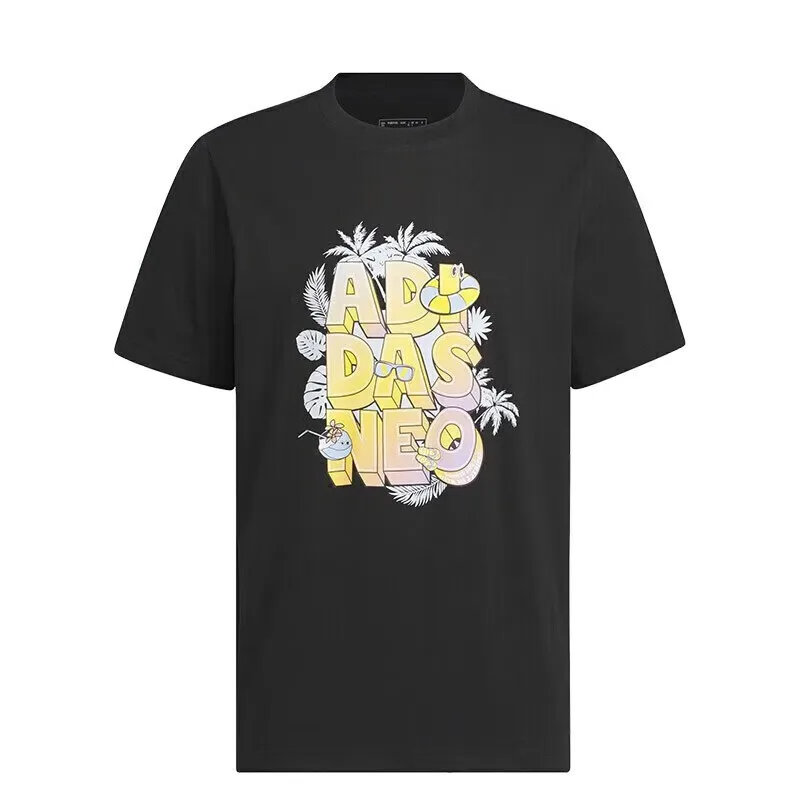 

Adidas neo Черная модная футболка с короткими рукавами, с красочными фирменными буквами и летом — тематические узоры
