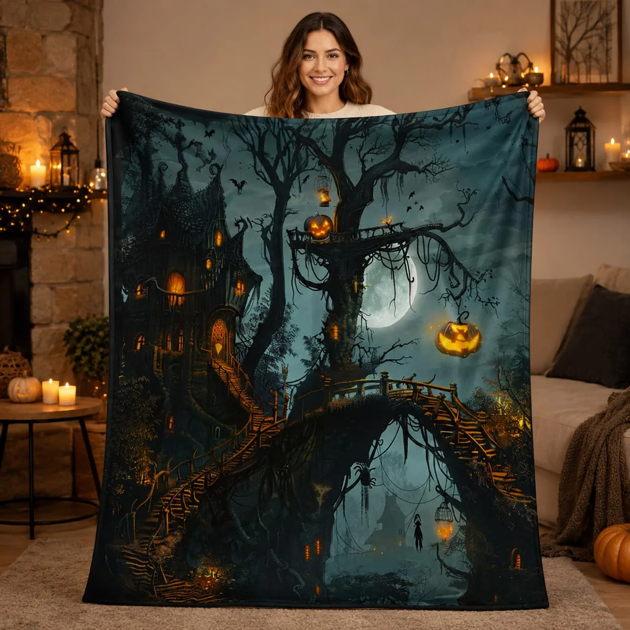 Halloween Fleece Throw Blanket, Haunted House & Jack-o'-Lanterns (Various Sizes)