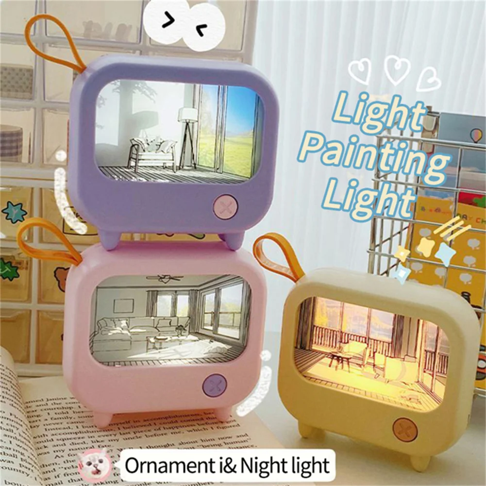 Night Light LED com carregamento USB, Mini Desktop Lamp, TV Pintura Design, Learning Table Lamp, Bonito, 2 Níveis de Iluminação, Presente de Aniversário, 2024