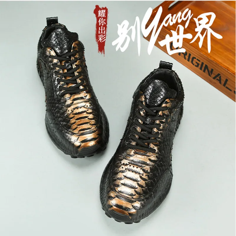 High End Python Skin Black Gold Men's Fashionable Versatile Dad Shoes Snake Leather Suede Bag Heels Casual With Increased Height