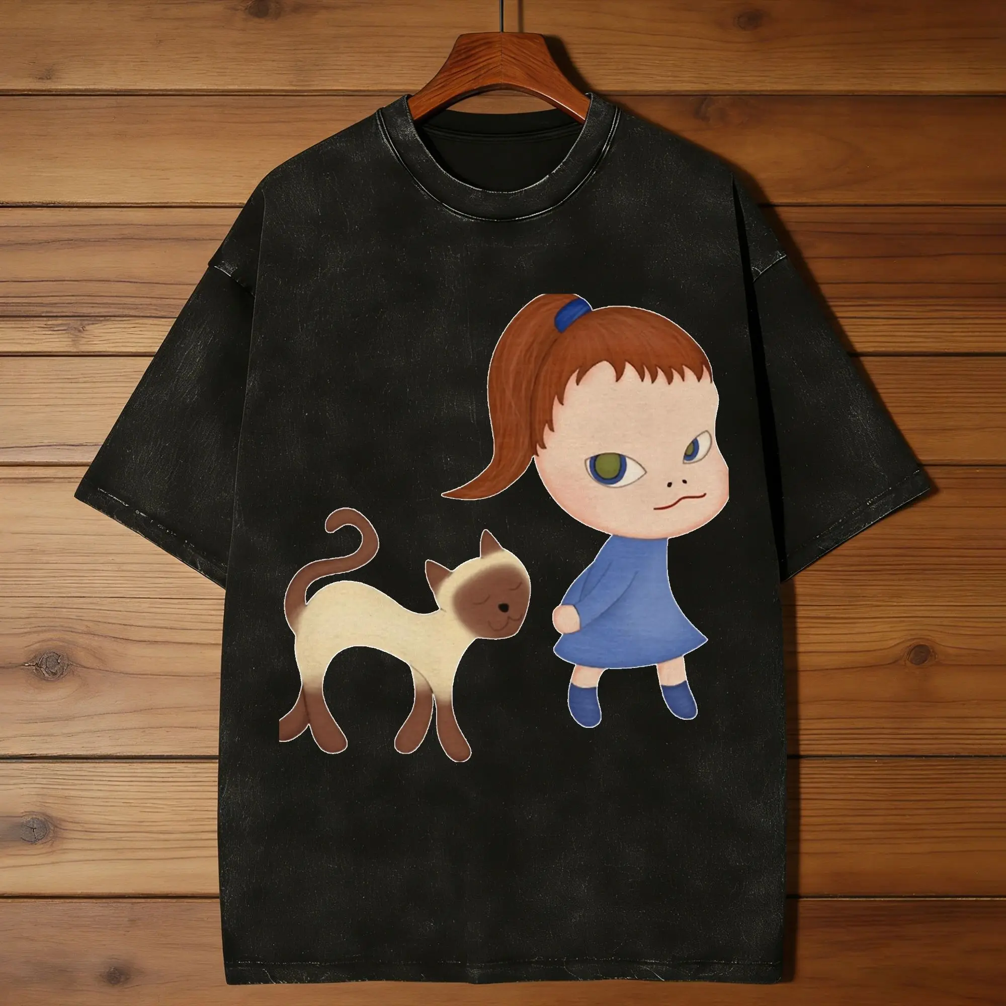 Yoshitomo Nara Men T Shirts Washed  Novelty Tees Short Sleeve Round Neck T-Shirt Pure Cotton Summer Tops