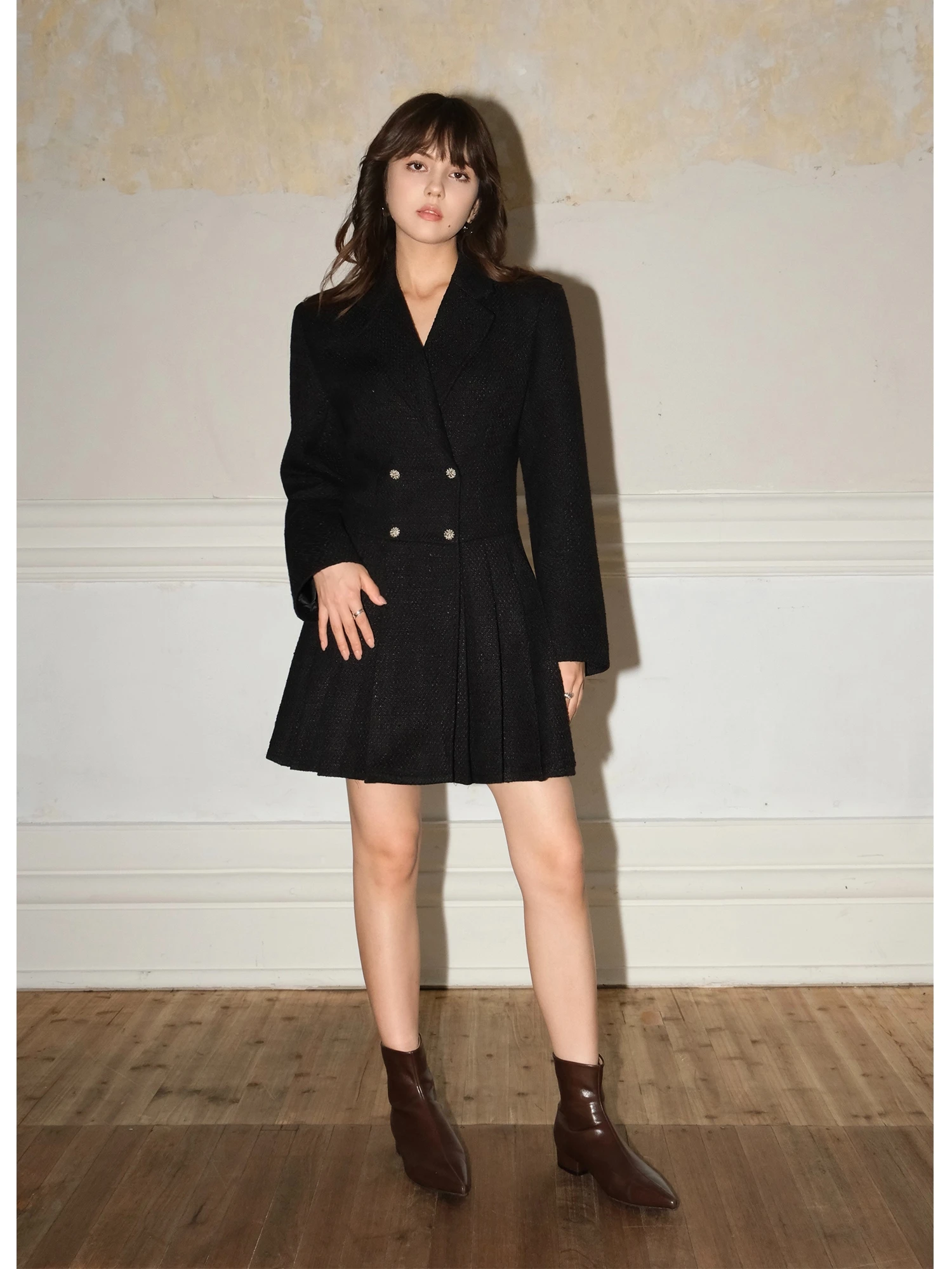 

NEVA HU Small Fragrance Style Woolen Dress Women's A-Line Skirt Pleated Short Dress Slimming Effect City Walk Daily Wear