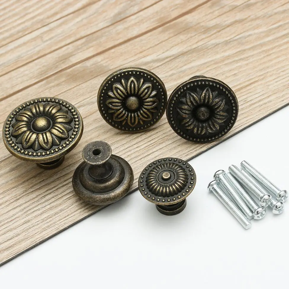 2 Pcs Antique Pull Handles Round Shape Cabinet Pulls Retro Drawer Knob Wardrobe Pulls Door Furniture Handle Hardware Fittings