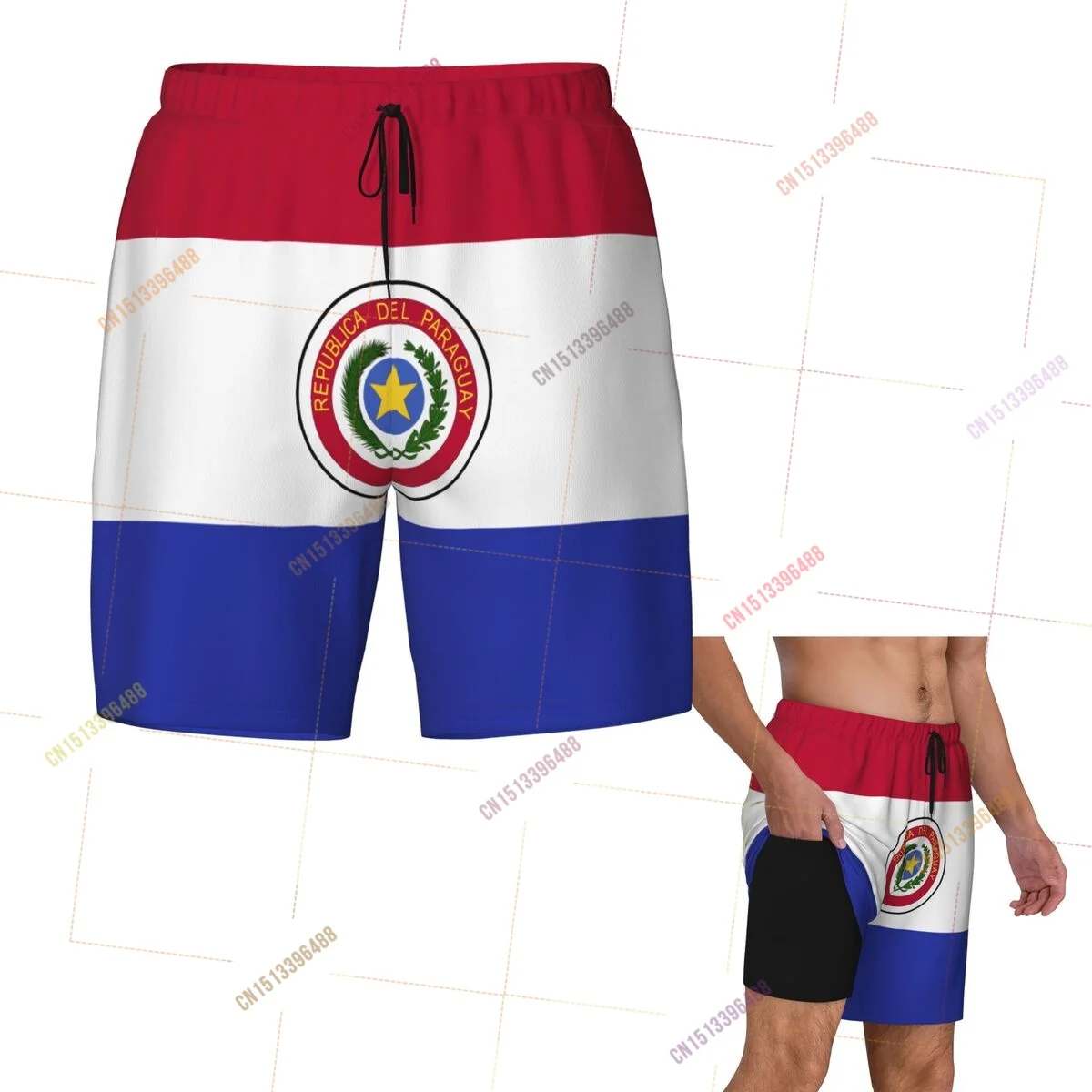 

2026 Paraguay Flag Top Print 3D Mens Swimming Trunks Hawaiian Bathing Beach 2 in 1 Quick-Dry Summer Swim Shorts With Pockets