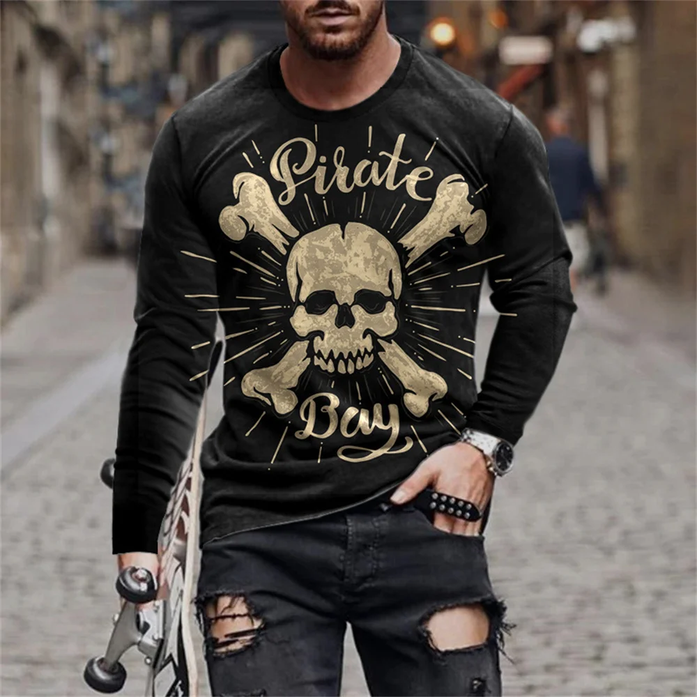 

Spring And Autumn 3D Skull Pattern Printed Male Long Sleeve T-shirt Fashion Comfortable O-neck Pullover Street Hip Hop Trend Top