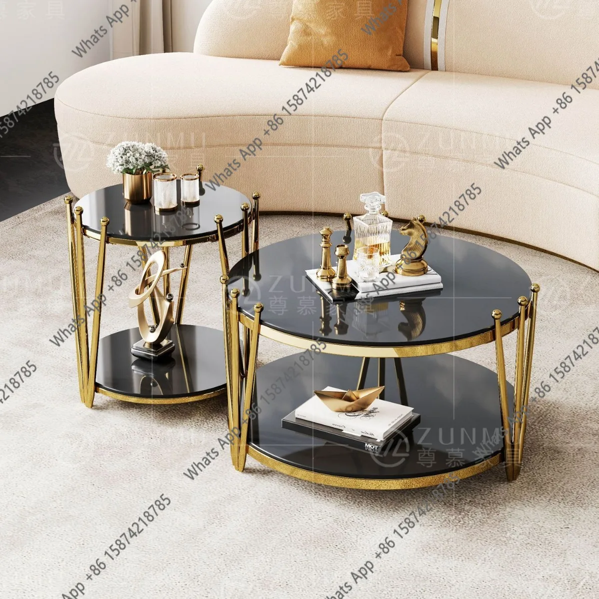 

Italian light luxury tempered glass coffee table home tea table living room golden stainless steel round corner table