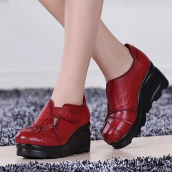 GKTINOO 2025 Women Autumn Genuine Leather High Heels Shoes Handmade Vintage Flower Embroidered Wedges Shoes Woman Pumps